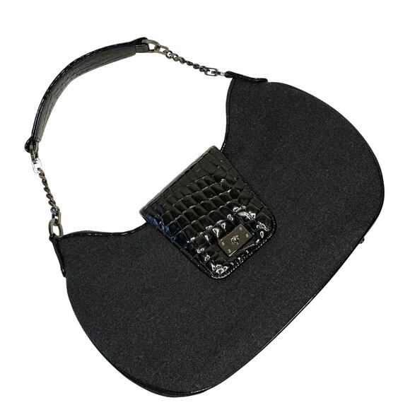 Worth Flannel & Patent Leather Shoulder Bag | Gray Black | Y2K Crescent Purse - Picture 1 of 10